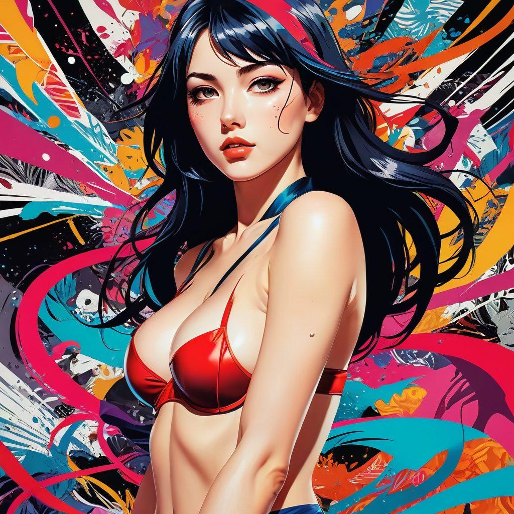 A dynamic collage featuring a blend of hentai and graphic novel elements, showcasing bold, expressive characters in vivid colors. The scene captures motion with flowing lines and splashes of color, illustrating the fusion of sensuality and artistry. Background displays abstract patterns reflecting the comic book style. Include a mix of traditional and digital art textures for depth. super-realistic. vibrant colors. 3D.