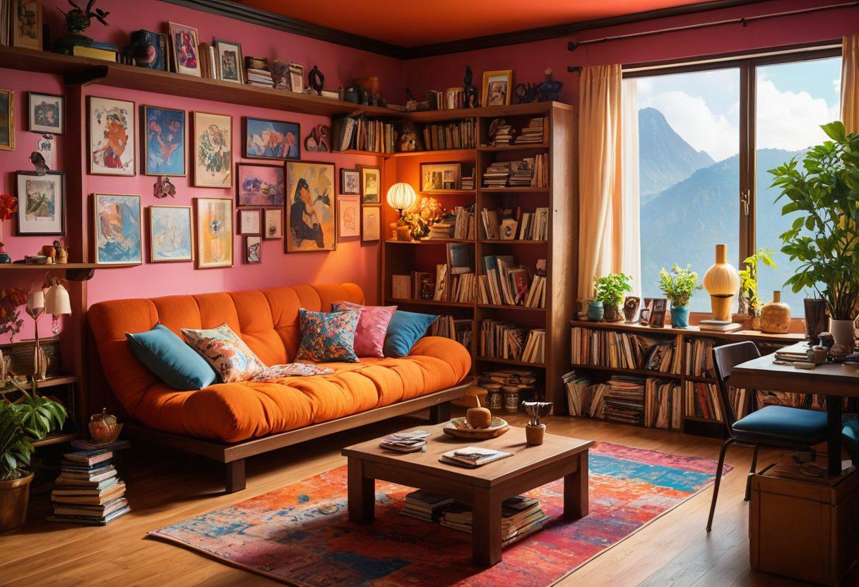 An artistic representation of a diverse group of characters from various anime styles, transcending cultural boundaries, engaging in a lively discussion about erotica as a cultural phenomenon. Include elements like books, art supplies, and vibrant posters of iconic erotic anime scenes in a cozy room filled with colorful decorations. Emphasize expressions of curiosity and respect among the characters. anime style. vibrant colors. 3D.