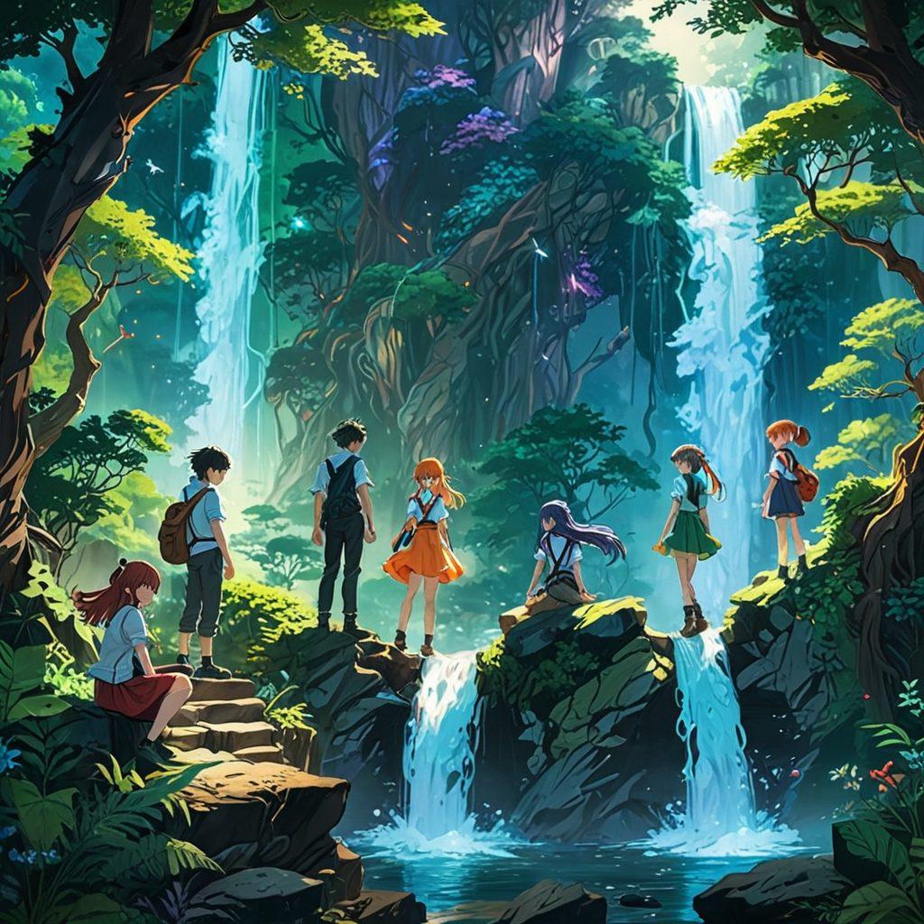 A vibrant, intricately illustrated scene depicting a diverse group of anime characters in a fantastical, alluring setting, showcasing elements of eroticism and fantasy art. The characters should be in dynamic poses, emphasizing their emotional expressions and unique styles, surrounded by imaginative landscapes and subtle hints of adult themes. The color palette should be bold and colorful to attract attention, with a blend of realism and anime aesthetics. surrealism. vivid colors. fantasy art.
